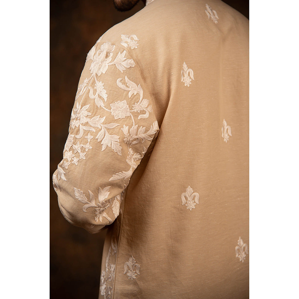CHAR CHAAND Beige Bloom Linen Silk Kurta for Men