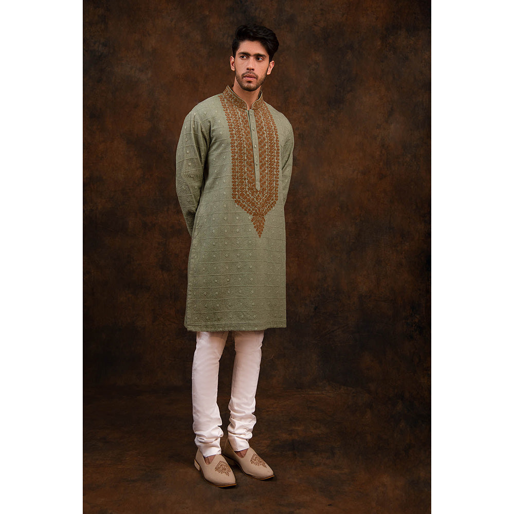 CHAR CHAAND Granite Green Elegance Embroidered Kurta for Men