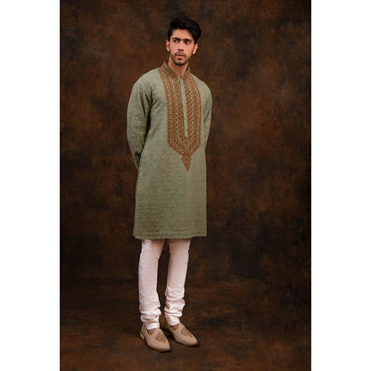 CHAR CHAAND Granite Green Elegance Embroidered Kurta for Men