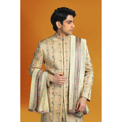 CHAR CHAAND Beige Sherwani Set with Vertical Floral Embroidery