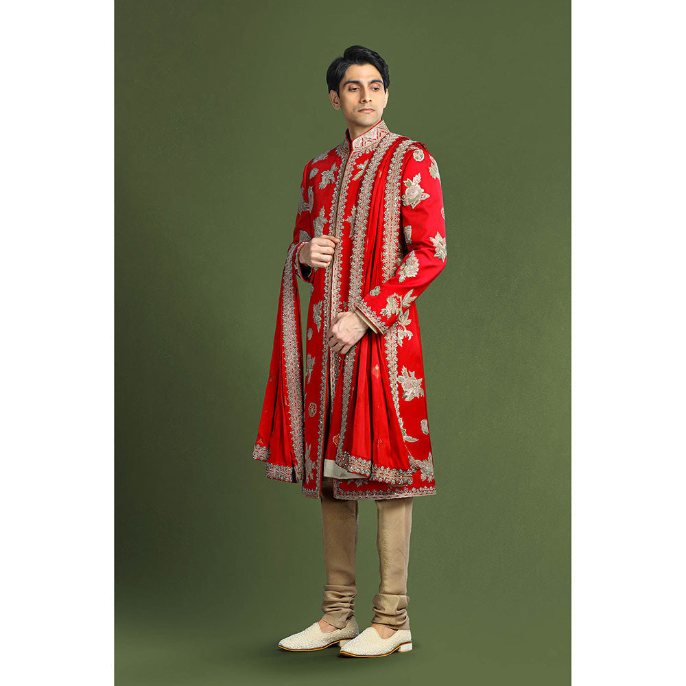 CHAR CHAAND Regal Red Sherwani Set with Zardozi and Aari Embroidery