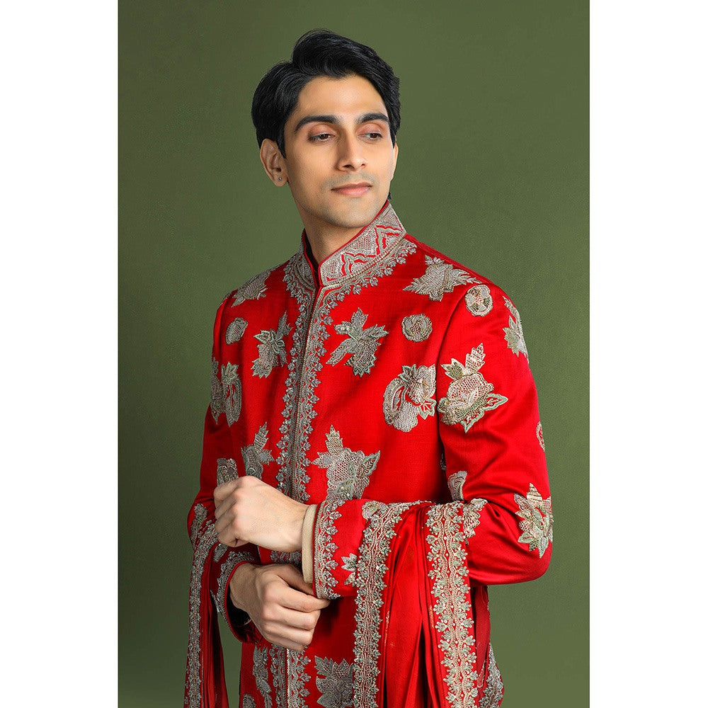 CHAR CHAAND Regal Red Sherwani Set with Zardozi and Aari Embroidery