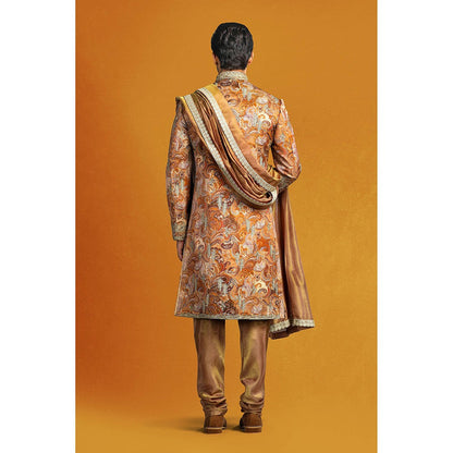 CHAR CHAAND Copper Paisley Sherwani Set with Abstract Floral Motifs