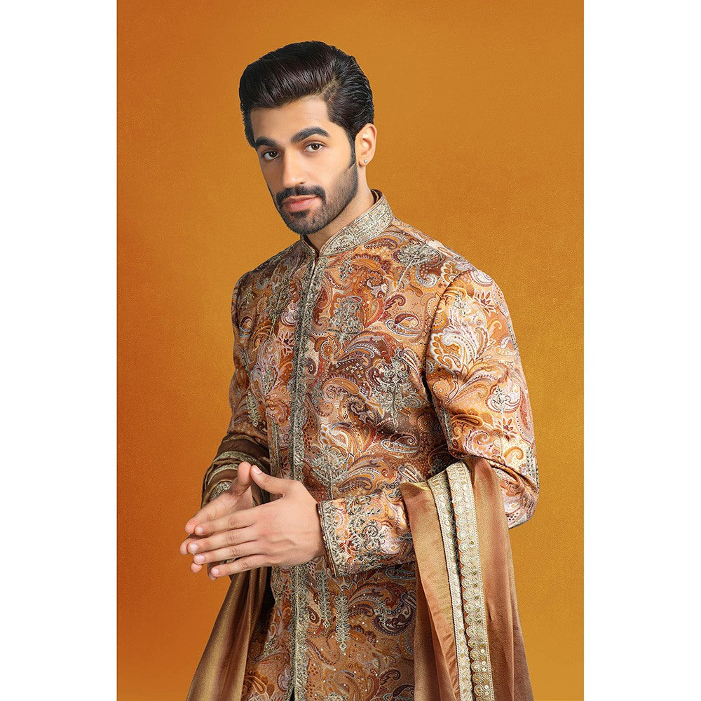 CHAR CHAAND Copper Paisley Sherwani Set with Abstract Floral Motifs