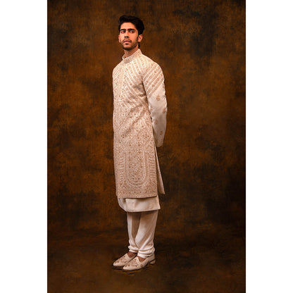 CHAR CHAAND Celestial Cream Sherwani Set with Symmetric Web Handwork