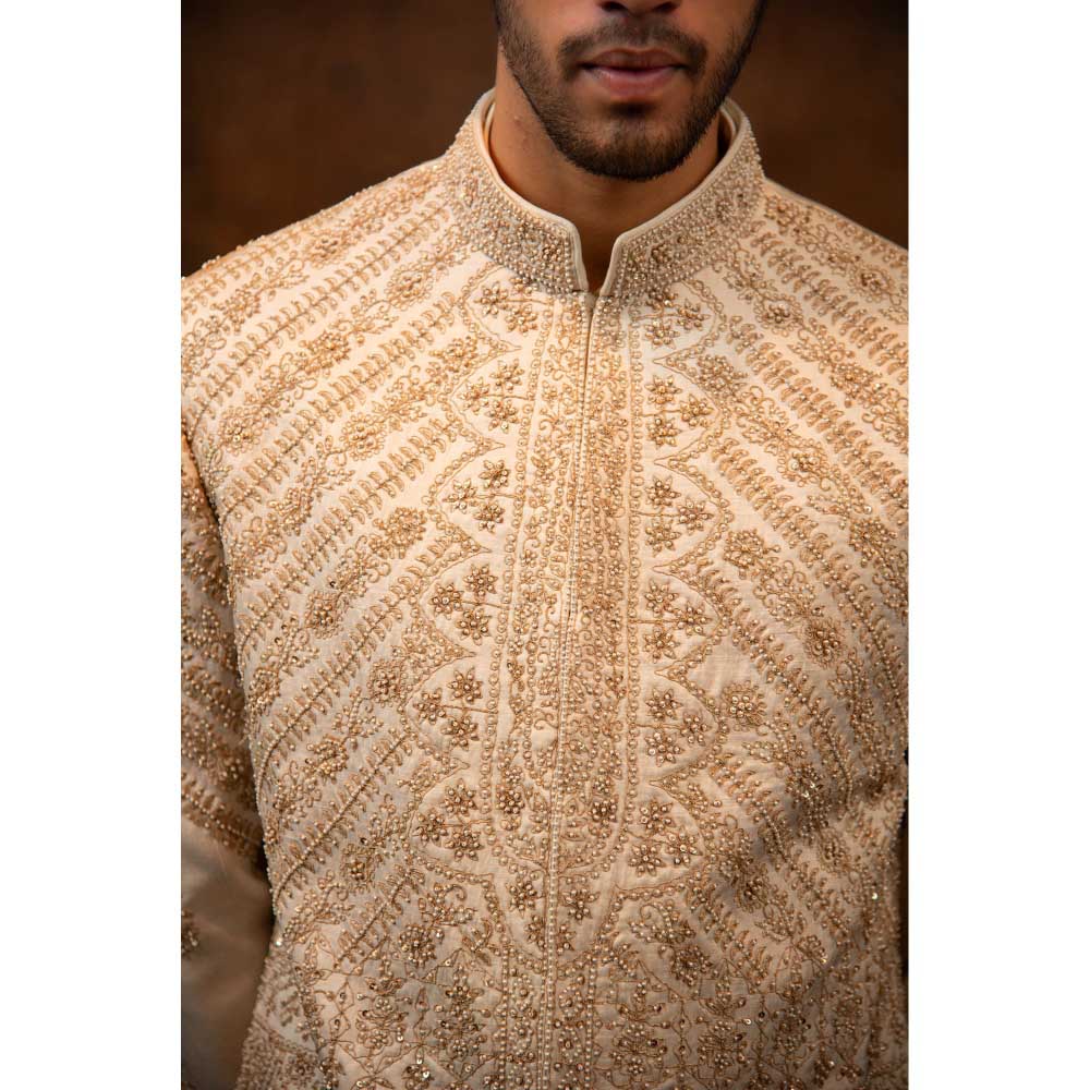 CHAR CHAAND Celestial Cream Sherwani Set with Symmetric Web Handwork