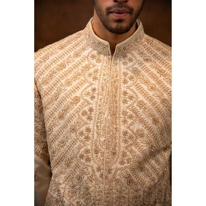 CHAR CHAAND Celestial Cream Sherwani Set with Symmetric Web Handwork