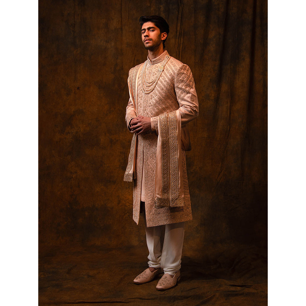 CHAR CHAAND Celestial Peach Sherwani Set with Zardozi and Aari Embroidery