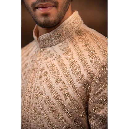 CHAR CHAAND Celestial Peach Sherwani Set with Zardozi and Aari Embroidery