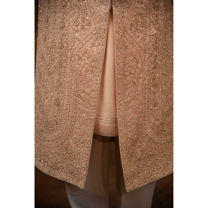 CHAR CHAAND Celestial Peach Sherwani Set with Zardozi and Aari Embroidery
