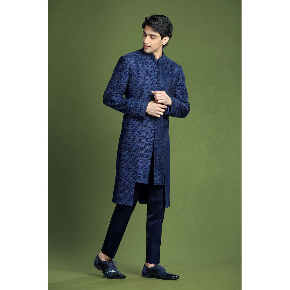 CHAR CHAAND Blue Geometric Embroidered Sherwani Set