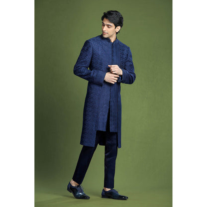 CHAR CHAAND Blue Geometric Embroidered Sherwani Set