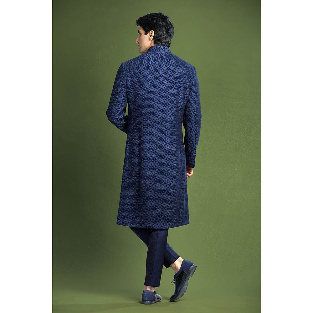 CHAR CHAAND Blue Geometric Embroidered Sherwani Set