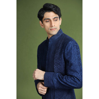 CHAR CHAAND Blue Geometric Embroidered Sherwani Set