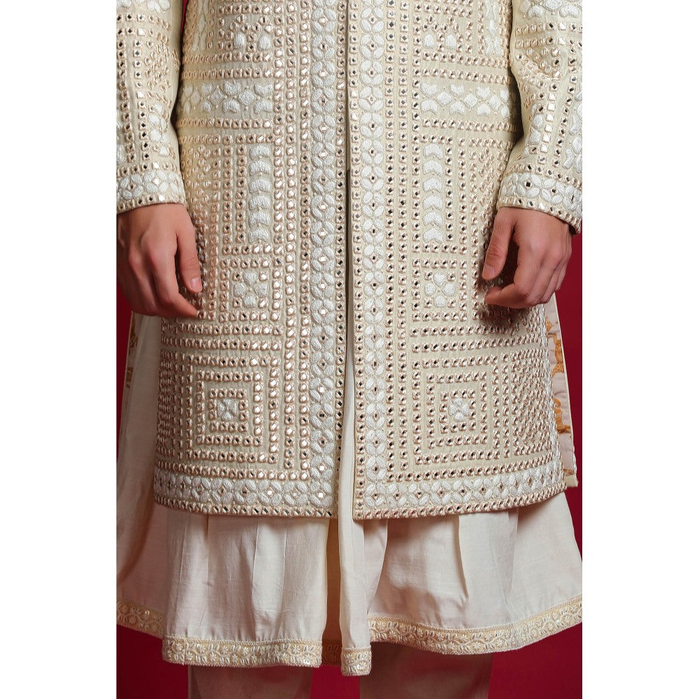 CHAR CHAAND White Mirror Embellished Sherwani Set