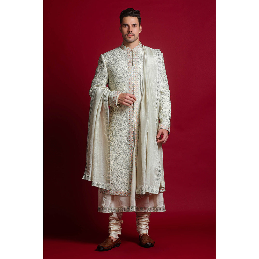 CHAR CHAAND White Royal Embroidered Sherwani Set
