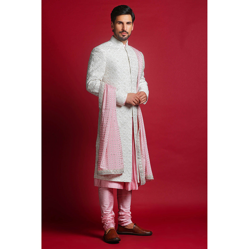 CHAR CHAAND White Embroidered Sherwani Set