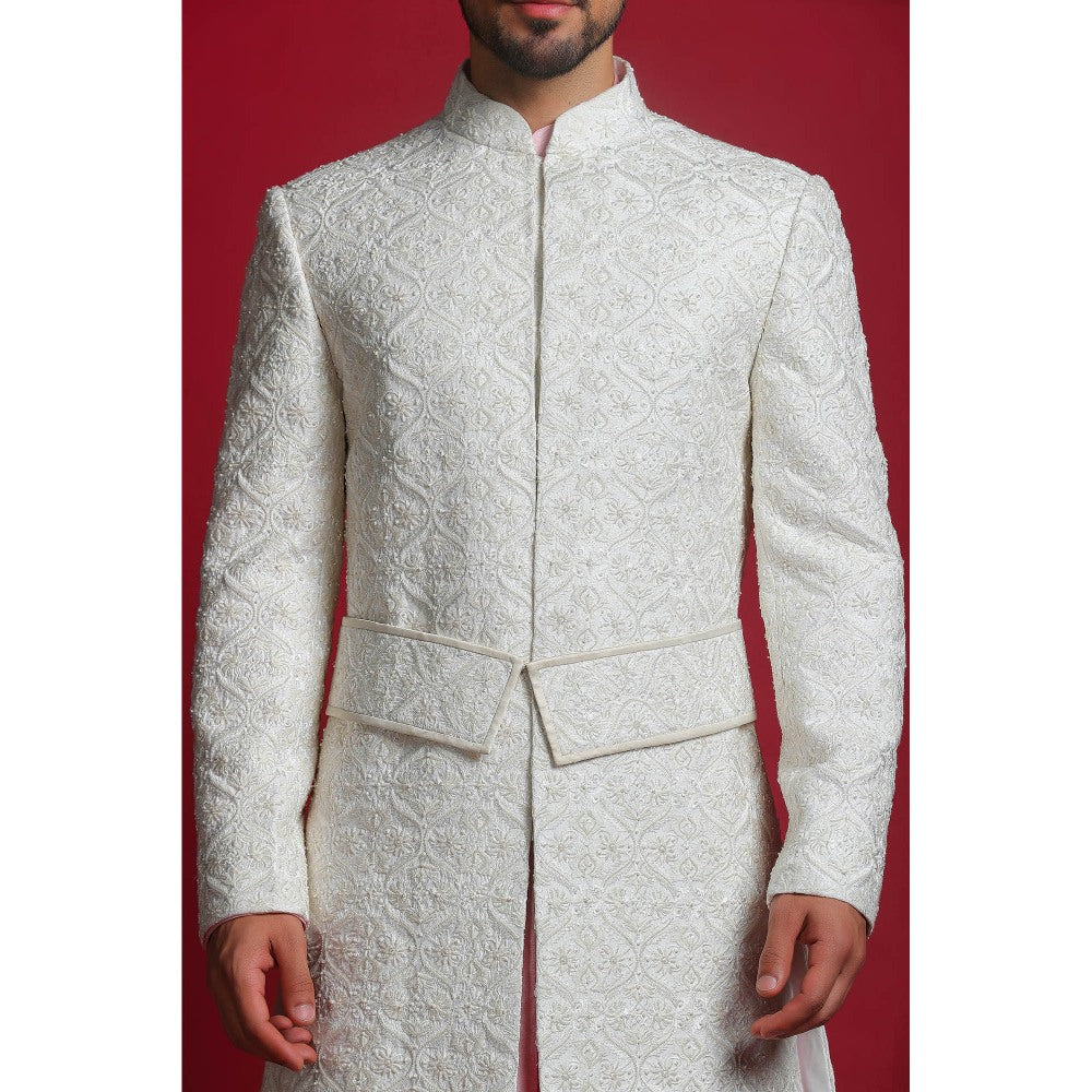 CHAR CHAAND White Embroidered Sherwani Set
