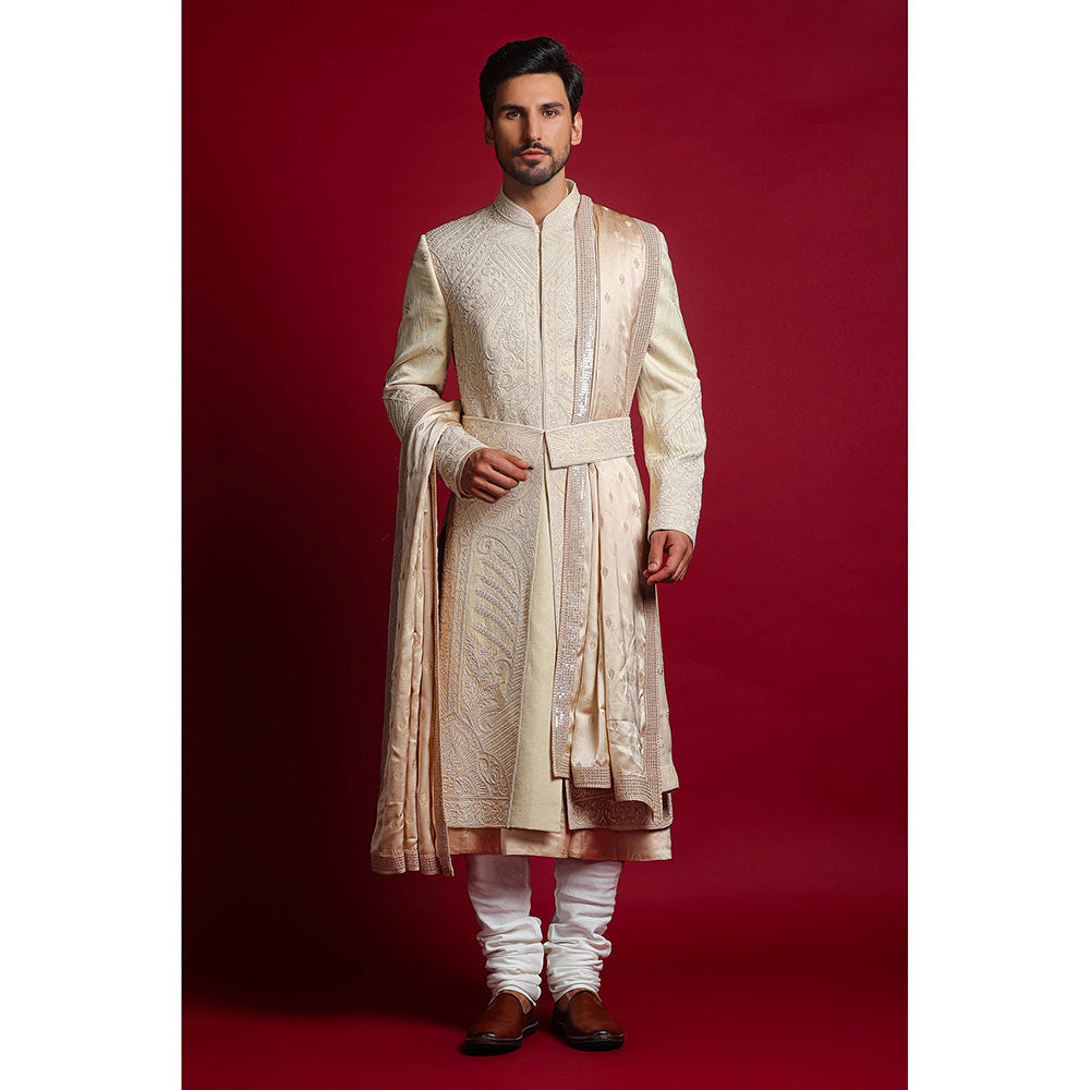 CHAR CHAAND Classic Cream Mughal Aari Embroidery Sherwani Set