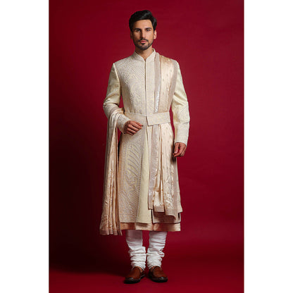 CHAR CHAAND Classic Cream Mughal Aari Embroidery Sherwani Set