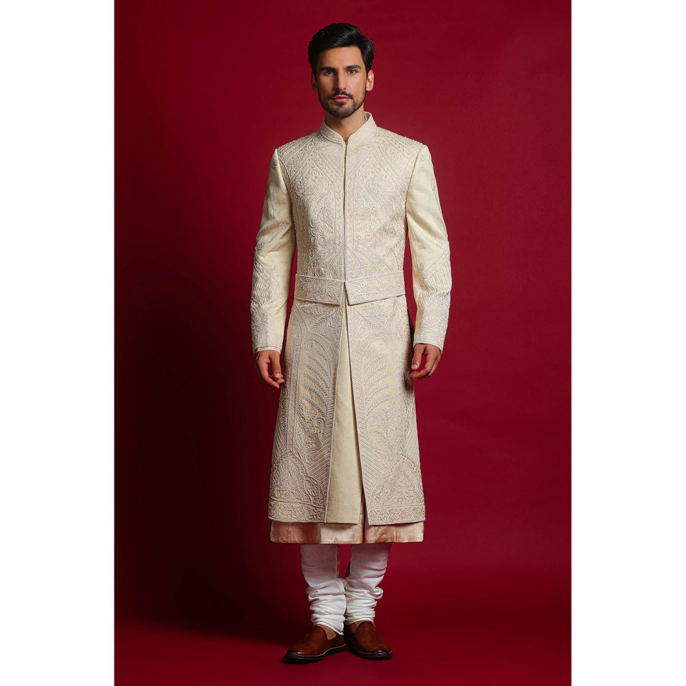 CHAR CHAAND Classic Cream Mughal Aari Embroidery Sherwani Set