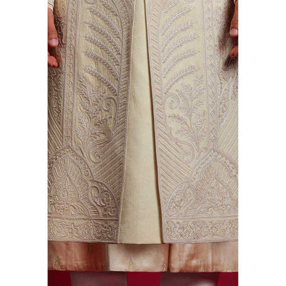 CHAR CHAAND Classic Cream Mughal Aari Embroidery Sherwani Set