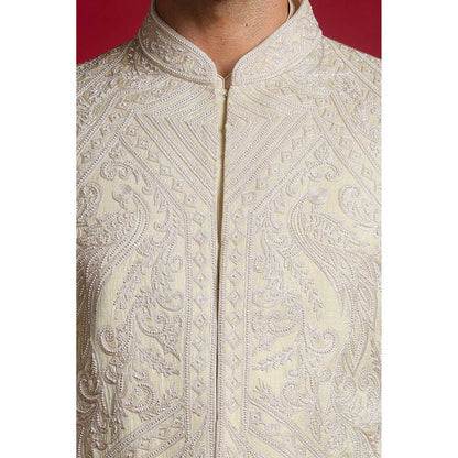 CHAR CHAAND Classic Cream Mughal Aari Embroidery Sherwani Set