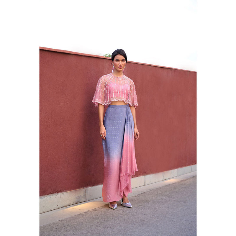 Chamee and Palak Pink Dia Drape Skirt with Blouse and Cape (Set of 3)