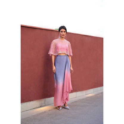 Chamee and Palak Pink Dia Drape Skirt with Blouse and Cape (Set of 3)