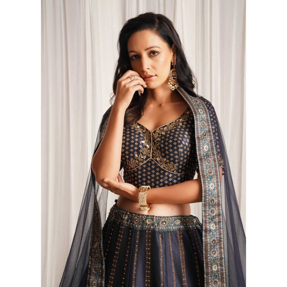 CHAASHNI BY MAANSI & KETAN Blue Printed Lehenga With Blouse And Dupatta (Set of 3)