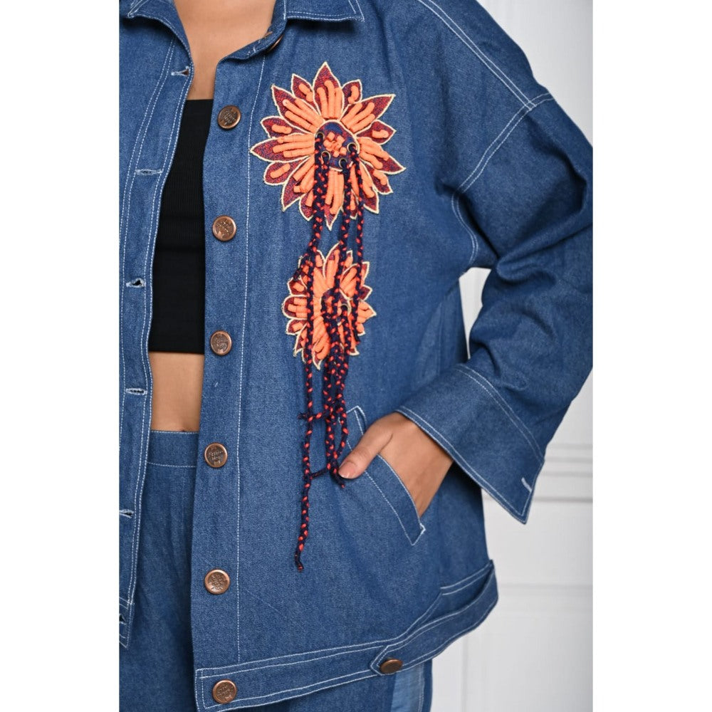 September Spring Blue Flower Denim Jacket