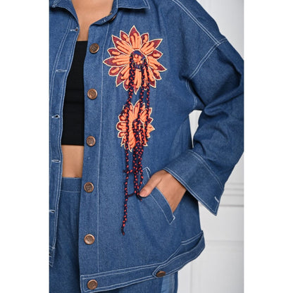 September Spring Blue Flower Denim Jacket