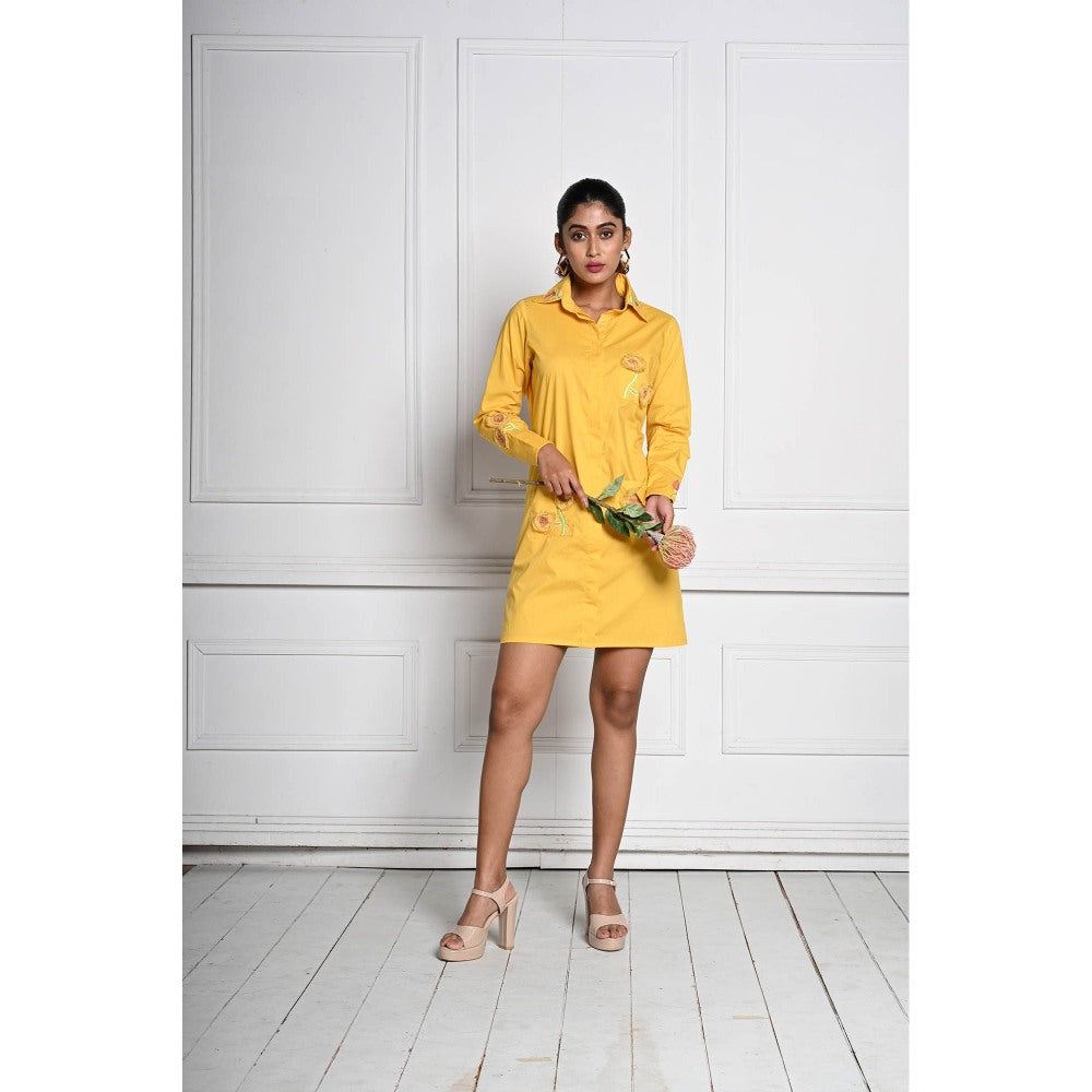 September Spring Yellow 3D Flower Shirt Style Dress