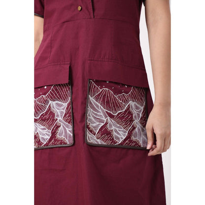 September Spring Wine Pocket Patch Dress - Burgundy