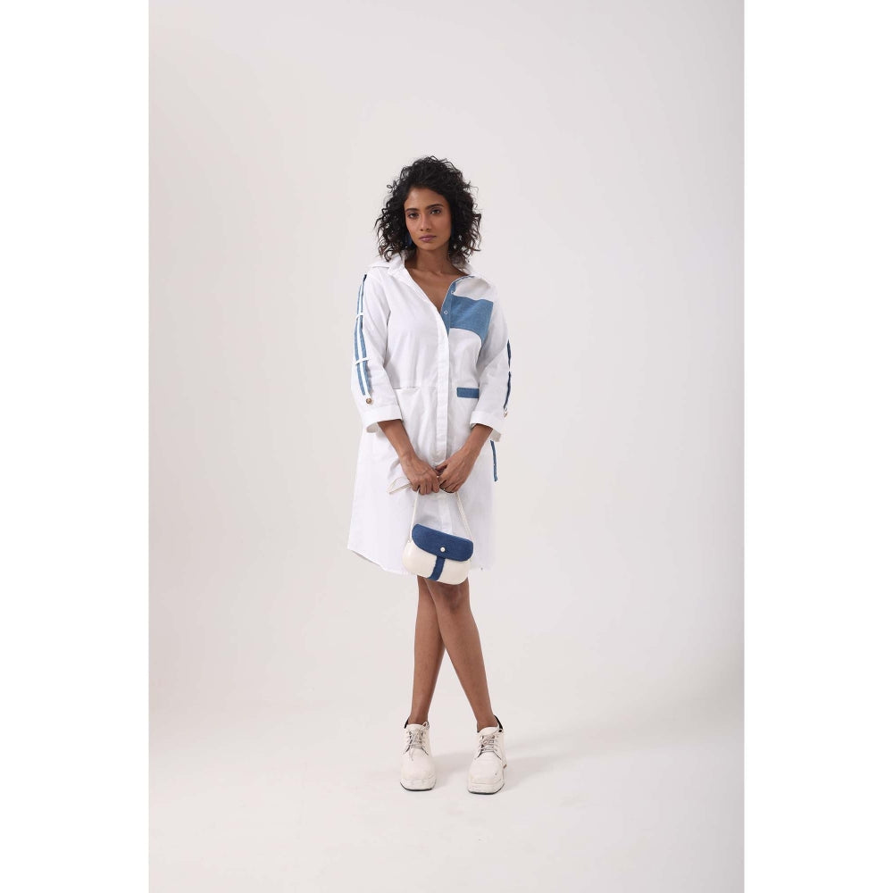 September Spring Denim Patch White Shirt Dress - Multi-Color
