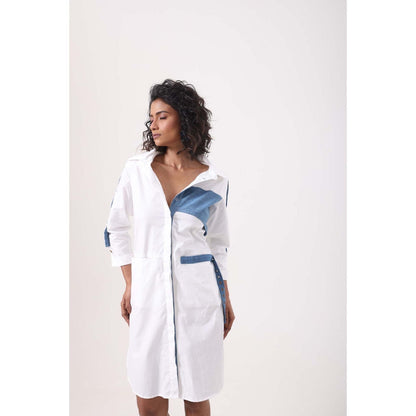 September Spring Denim Patch White Shirt Dress - Multi-Color