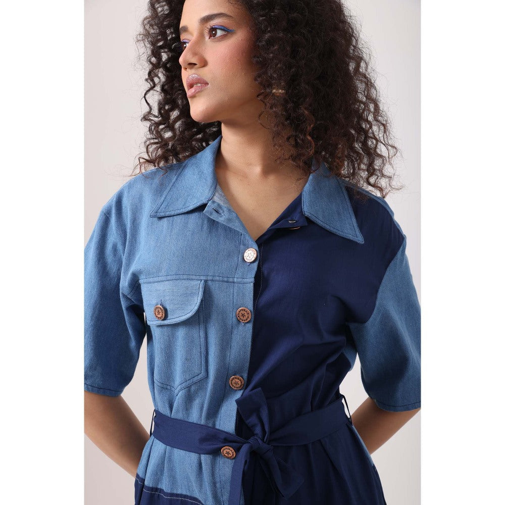 September Spring Denim Navy Panel Dress - Blue