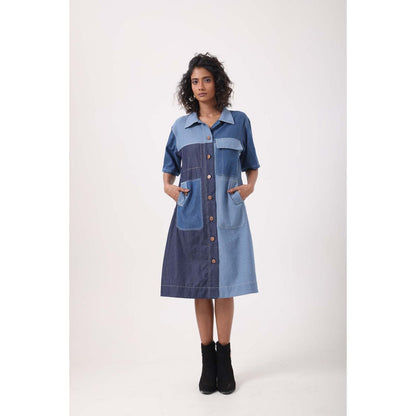 September Spring Mixed Denim Patch Pocket Dress - Blue