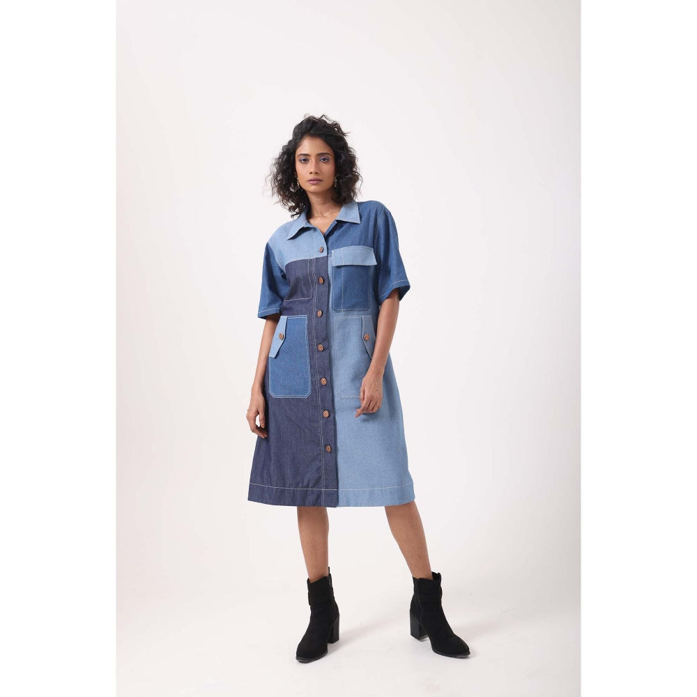 September Spring Mixed Denim Patch Pocket Dress - Blue