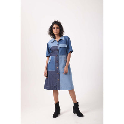 September Spring Mixed Denim Patch Pocket Dress - Blue