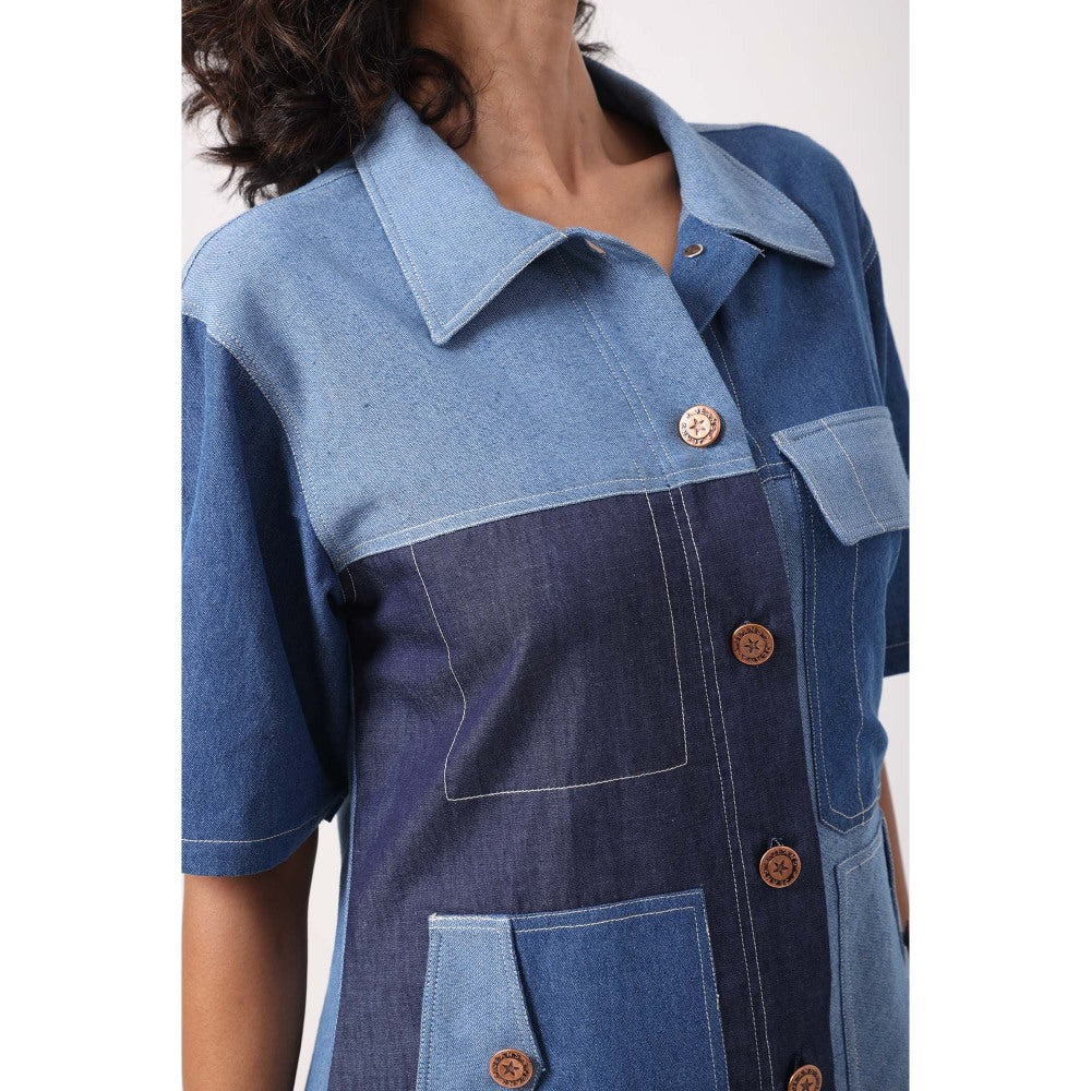 September Spring Mixed Denim Patch Pocket Dress - Blue