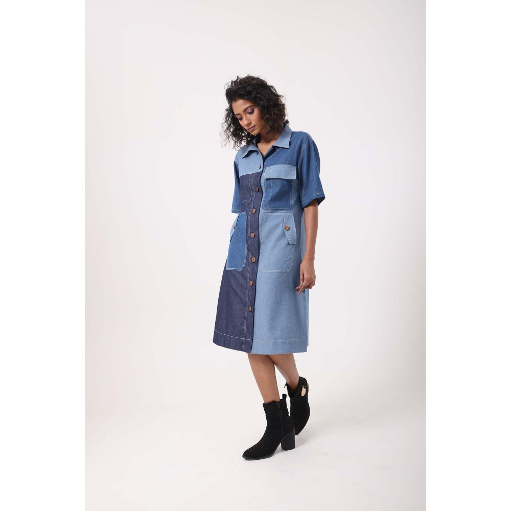 September Spring Mixed Denim Patch Pocket Dress - Blue