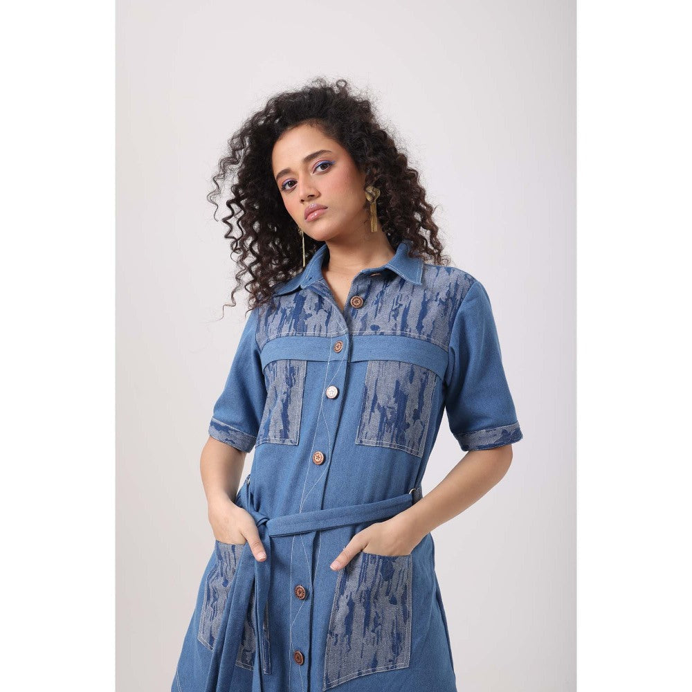 September Spring Rugged Denim Pocket Patch Dress with Belt - Blue