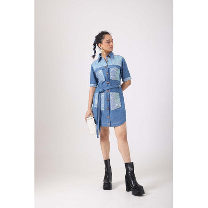 September Spring Sequence Denim Pocket Patch Dress with Belt - Blue
