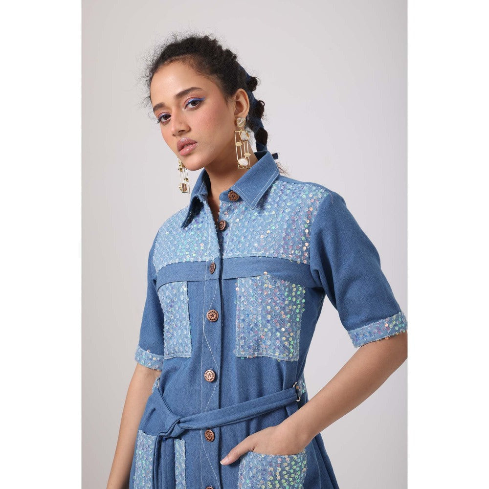 September Spring Sequence Denim Pocket Patch Dress with Belt - Blue