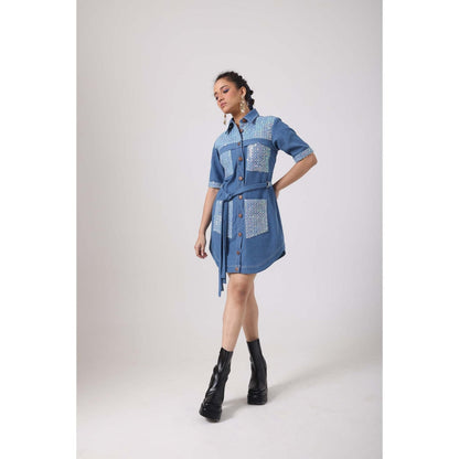 September Spring Sequence Denim Pocket Patch Dress with Belt - Blue