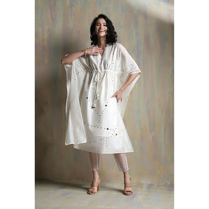 Charkhee White Chanderi Kaftan with Pants (Set of 2)