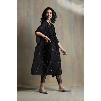 Charkhee Black Chanderi Kaftan with Pants (Set of 2)
