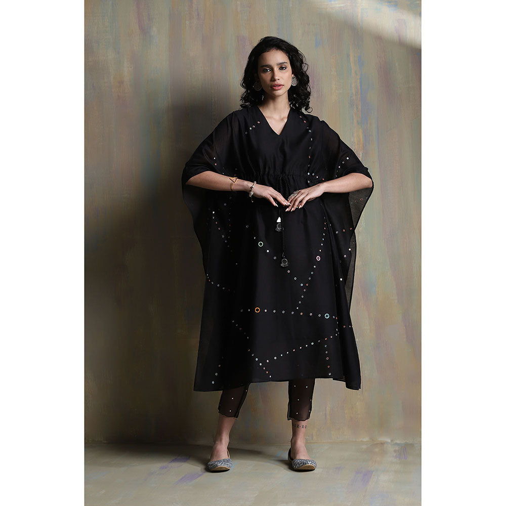 Charkhee Black Chanderi Kaftan with Pants (Set of 2)