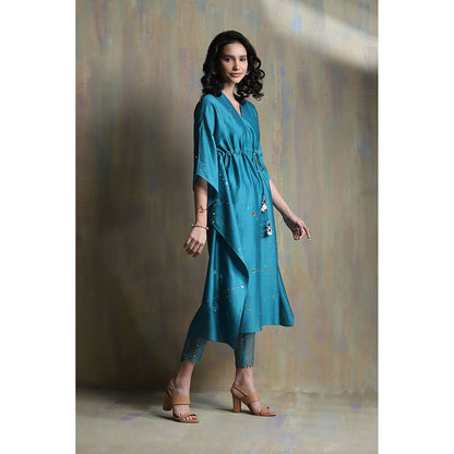 Charkhee Turquoise Chanderi Kaftan with Pants (Set of 2)